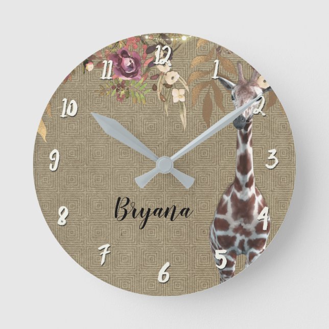 Floral Giraffe Rustic Brown Chic Personalised Round Clock (Front)