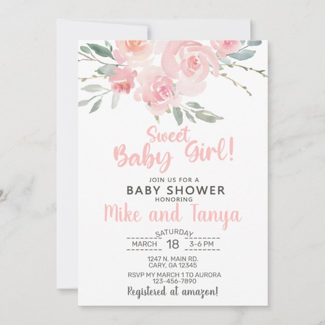 Floral girl baby shower invitation, pink flowers. invitation (Front)