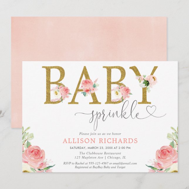 Floral girl baby sprinkle, blush pink gold elegant invitation (Front/Back)