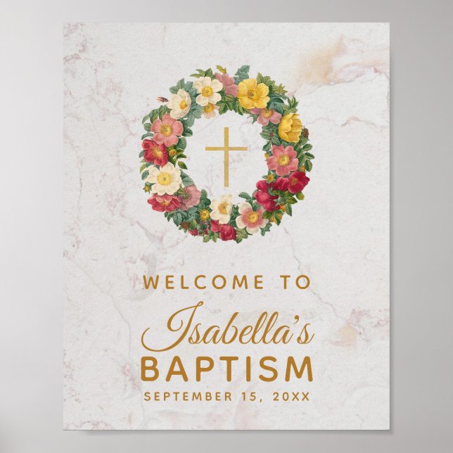 Floral Girl Baptism Gold Cross Rose Wreath Marble Poster (Front)
