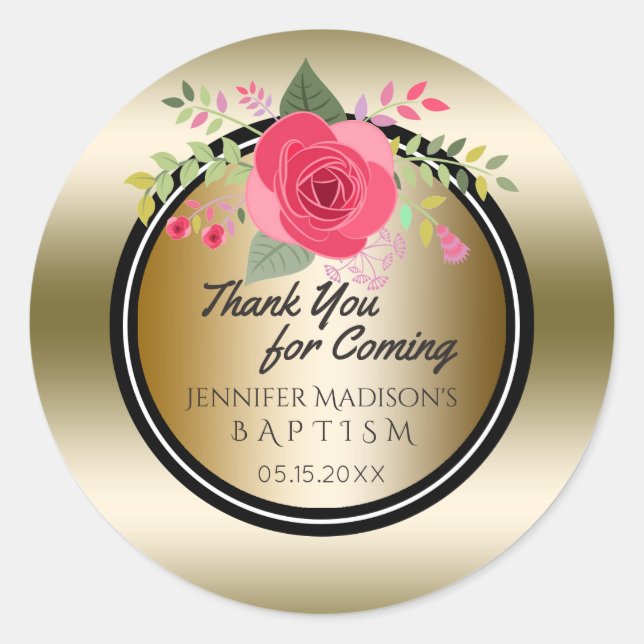 Floral Girl Baptism Thank You | Gold Christening Classic Round Sticker (Front)