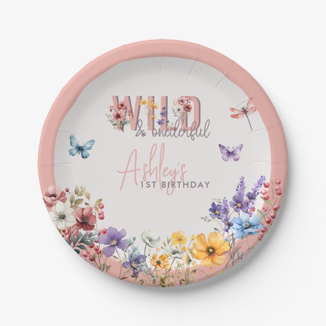 Floral Girl Birthday | Wild & Onederful  Paper Plate (Front)