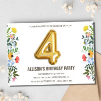 Floral Girl Child 4th Balloon Birthday Party