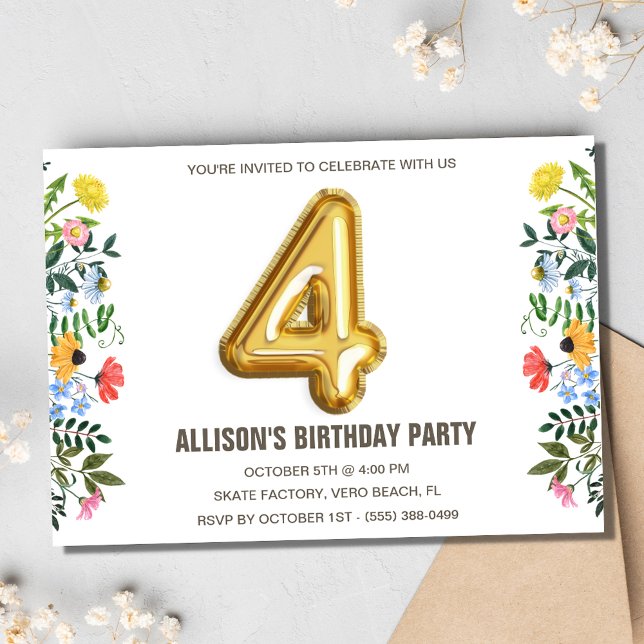 Floral Girl Child 4th Balloon Birthday Party Invitation (Girls 4th Balloon Birthday Party Invitation)