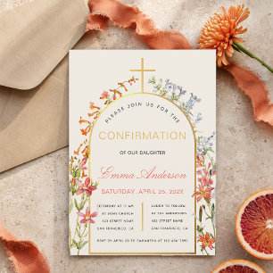 Floral Girl Confirmation Gold Arch and Wildflowers Invitation