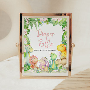 Floral Girl Dinosaur Baby Shower Diaper Raffle Poster