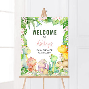 Floral Girl Dinosaur Baby Shower Welcome Poster