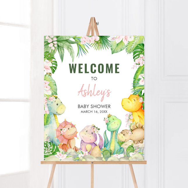 Floral Girl Dinosaur Baby Shower Welcome Poster (Greenery Dinosaur Baby Shower Welcome Sign)
