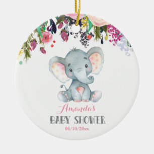 Floral Girl Elephant Baby Shower Pink and Gray Ceramic Tree Decoration