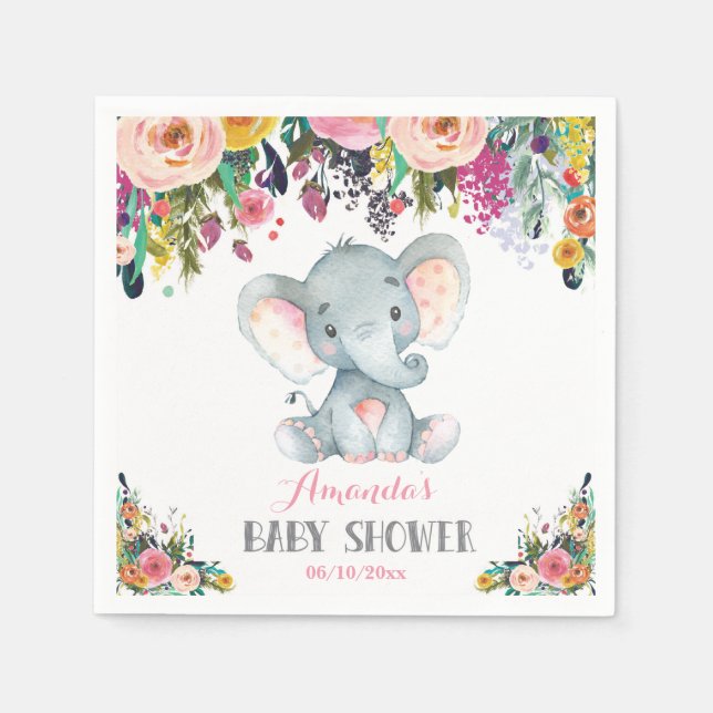 Floral Girl Elephant Baby Shower Pink Napkins (Front)