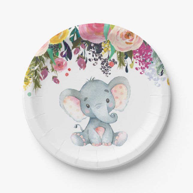 Floral Girl Elephant Baby Shower Pink Paper Plate (Front)