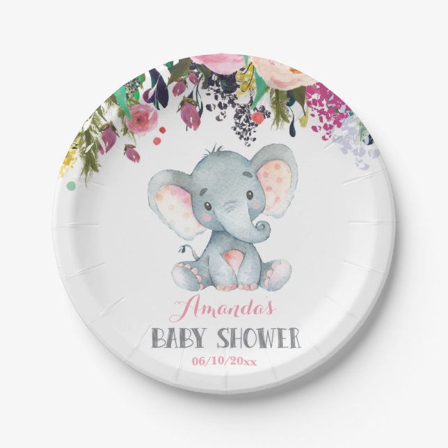 Floral Girl Elephant Baby Shower Pink Paper Plate (Front)