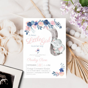 Floral Girl Elephant Navy Blush Baby Shower Invitation