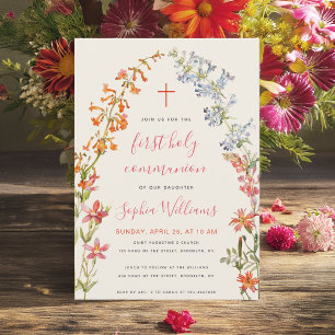 Floral Girl First Communion Watercolor Wildflowers Invitation