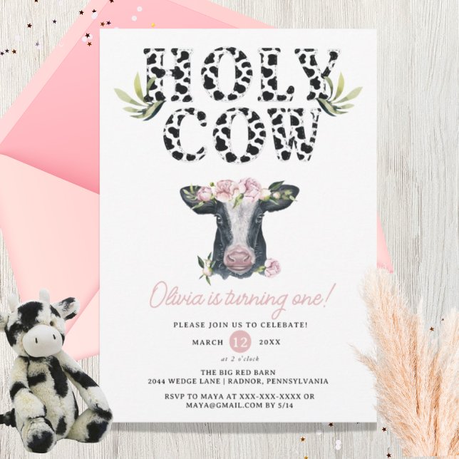 Floral Girl Holy Cow First Birthday  Invitation (Creator Uploaded)