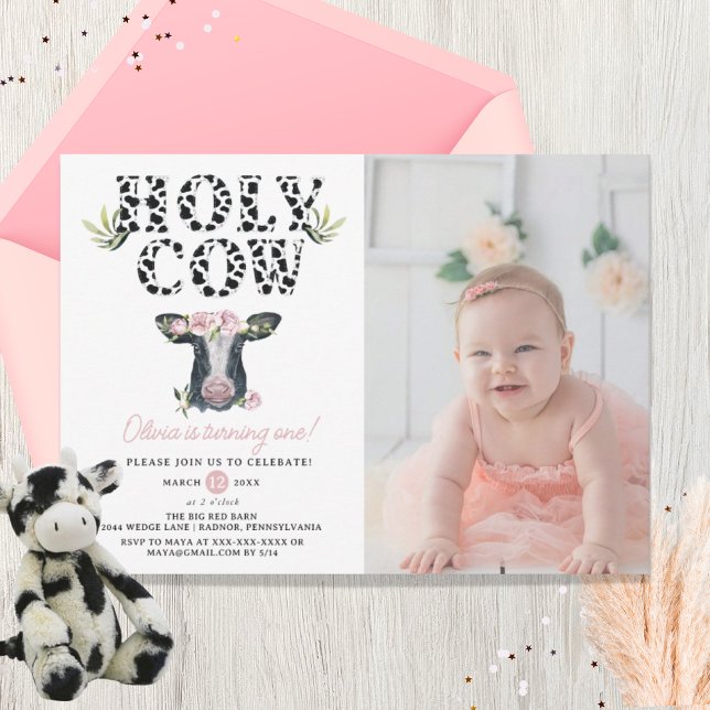 Floral Girl Holy Cow First Birthday photo Invitation (Creator Uploaded)