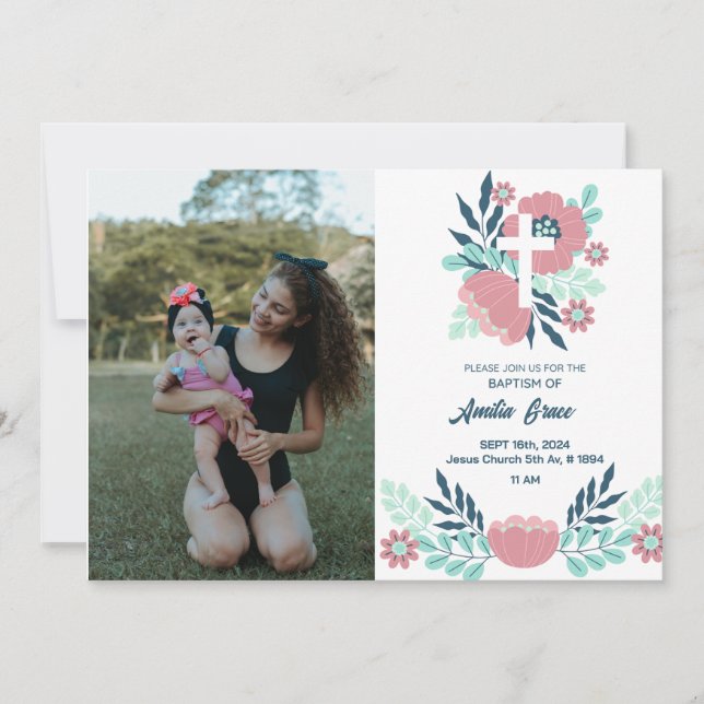 Floral Girl Photo Baptism Invitation - Elegant (Front)