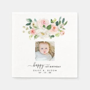 Floral Girl Photo First Birthday Napkin