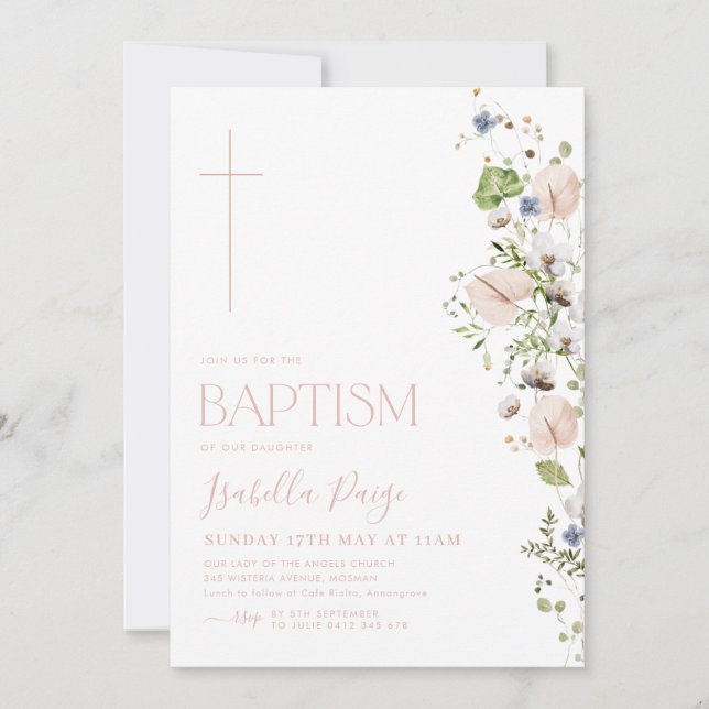 Floral Girls Baptism Christening   Invitation (Front)