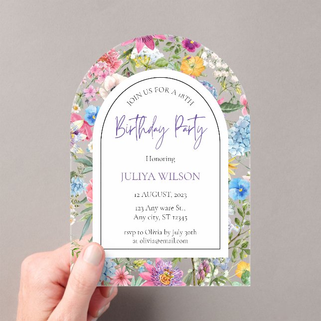 Floral girly Birthday Party Acrylic Invitations (Insitu (Handheld))
