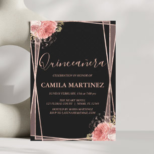 Floral Girly Rose Gold Black Quinceanera Party Invitation