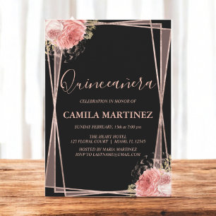 Floral Girly Rose Gold Black Quinceanera Party Invitation