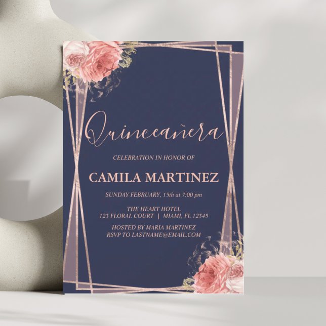 Floral Girly Rose Gold Blue Quinceanera Party Invitation (Creator Uploaded)