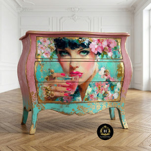 Floral Glam Woman with Pink Drink Decoupage Tissue Paper