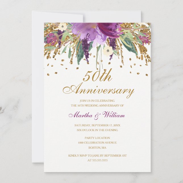 Floral Glitter Amethyst 50th Wedding Anniversary Invitation (Front)