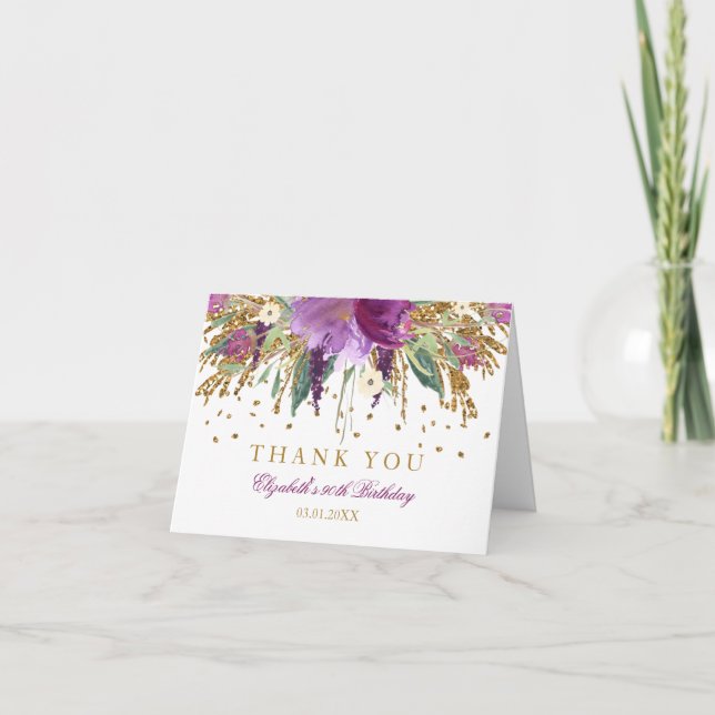 Floral Glitter Amethyst 90th Birthday Thank You Card (Front)