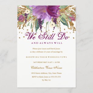 Floral Glitter Amethyst Vow Renewal Anniversary Invitation