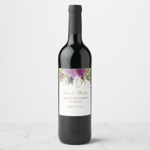 Floral Glitter Amethyst Wedding Wine Label