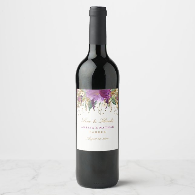 Floral Glitter Amethyst Wedding Wine Label (Front)