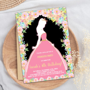 Floral Glitter Black Pink Princess Birthday Invitation