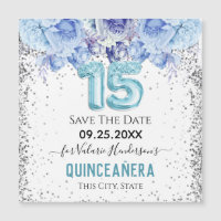 Floral Glitter Blue Quinceañera Save the Date 
