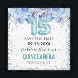 Floral Glitter Blue Quinceañera Save the Date Magn Magnet<br><div class="desc">Girly glitter with fancy script name typography. Faux light blue 15 balloon text. Blue Roses and faux glitter top border. Great for Quinceañera celebrations. Save the Date birthday keepsake magnets.</div>