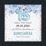 Floral Glitter Blue Quinceañera Save the Date Magn Magnet<br><div class="desc">Girly glitter with fancy script name typography. Faux light blue 15 balloon text. Blue Roses and faux glitter top border. Great for Quinceañera celebrations. Save the Date birthday keepsake magnets.</div>