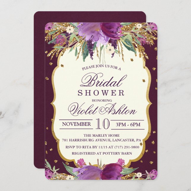 Floral Glitter Bridal Shower Invitation (Front/Back)