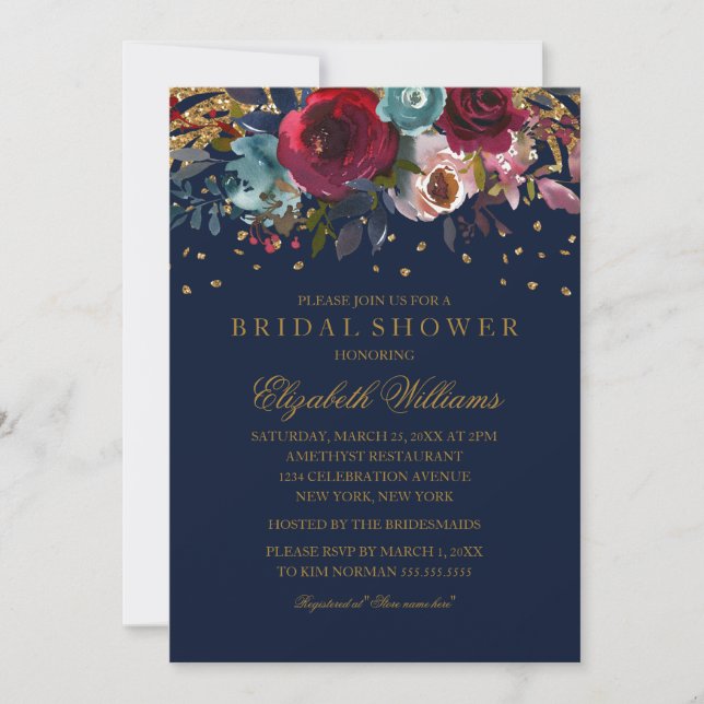 Floral Glitter Burgundy Navy Bridal Shower Invitation (Front)