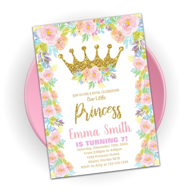 Floral Glitter Crown Princess Birthday Invitations (Creator Uploaded)