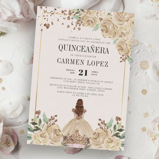 Floral Glitter Gold Princess Birthday Quinceanera Invitation (Creator Uploaded)
