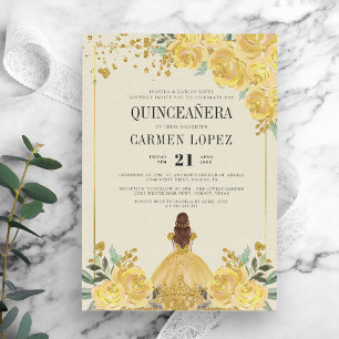Floral Glitter Gold & Yellow Princess Quinceanera Invitation