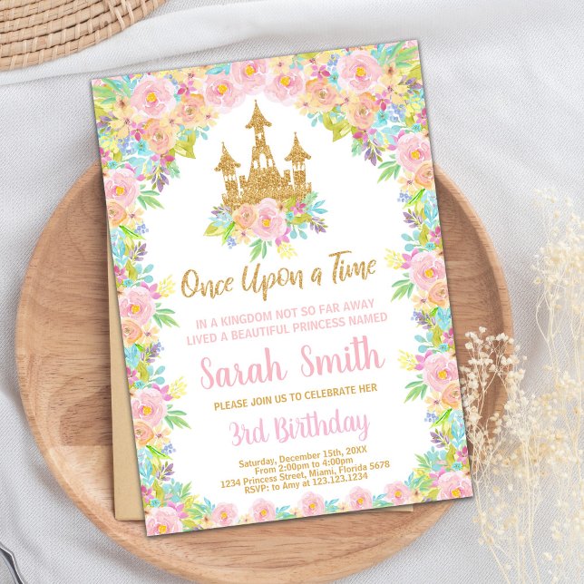 Floral Glitter Golden Princess Birthday Invitation (Floral Glitter Golden Princess Birthday Invitation)