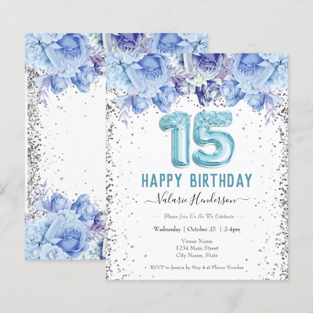 Floral Glitter Light Blue Happy 15th Birthday (Front/Back)