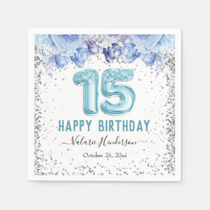 Floral Glitter Light Blue Happy 15th Birthday Napkin