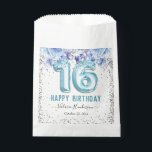 Floral Glitter Light Blue Happy 16th Birthday Favour Bags<br><div class="desc">Girly glitter with fancy script name typography. Faux light blue 16 balloon text. Blue Roses and faux glitter top border. Great for sweet 16 celebrations.</div>