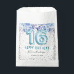Floral Glitter Light Blue Happy 16th Birthday Favour Bags<br><div class="desc">Girly glitter with fancy script name typography. Faux light blue 16 balloon text. Blue Roses and faux glitter top border. Great for sweet 16 celebrations.</div>