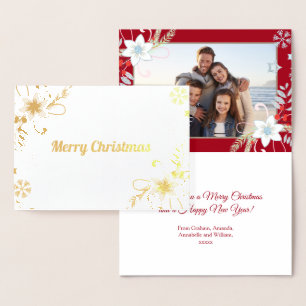 Floral Glitter Snowflakes Red Christmas Photo Foil Card