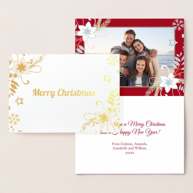 Floral Glitter Snowflakes Red Christmas Photo Foil Card (Display)