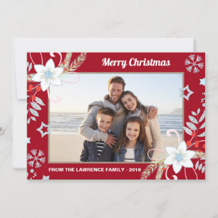 Floral Glitter Snowflakes Red Christmas Photo Holiday Card
